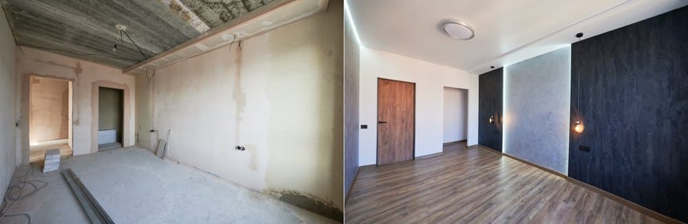 Före och efter-bild av renoverat rum med accentväggar