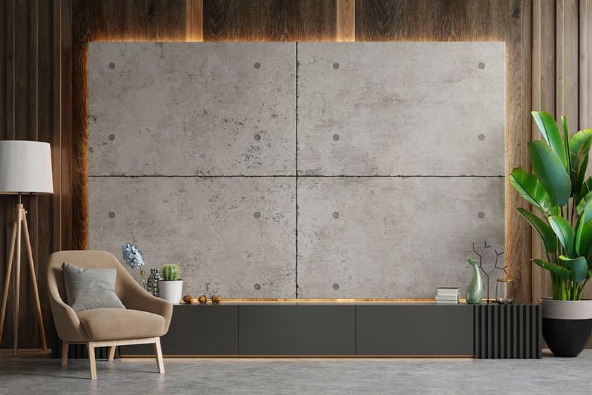 Microcementpanel på vägg i vardagsrum